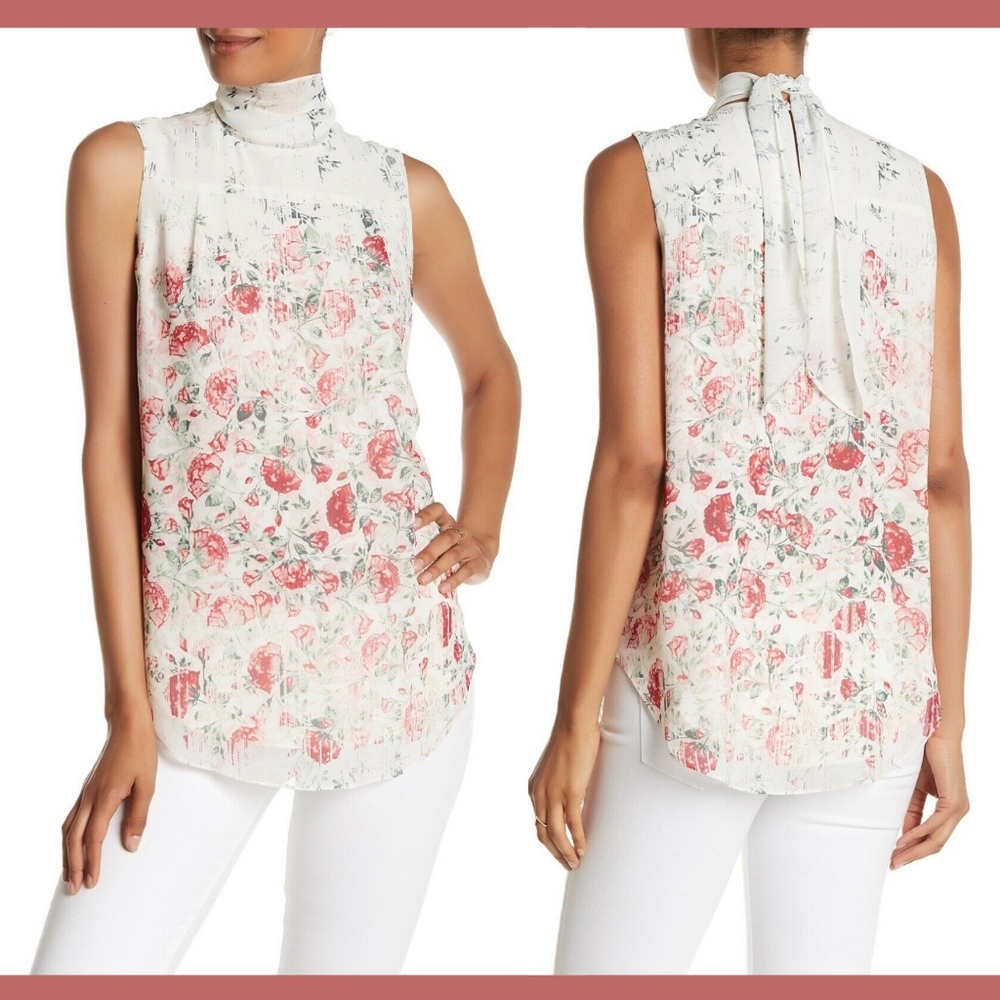 NWT $295 Marchesa Rose Sleeveless‎ Neck Tie Blouse Top [SZ XS ]